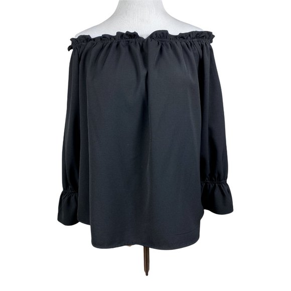 Lulus Top S Off The Shoulder Black Ruffle 3/4‎ Sleeve Solid Dressy Blouse - Picture 2 of 10